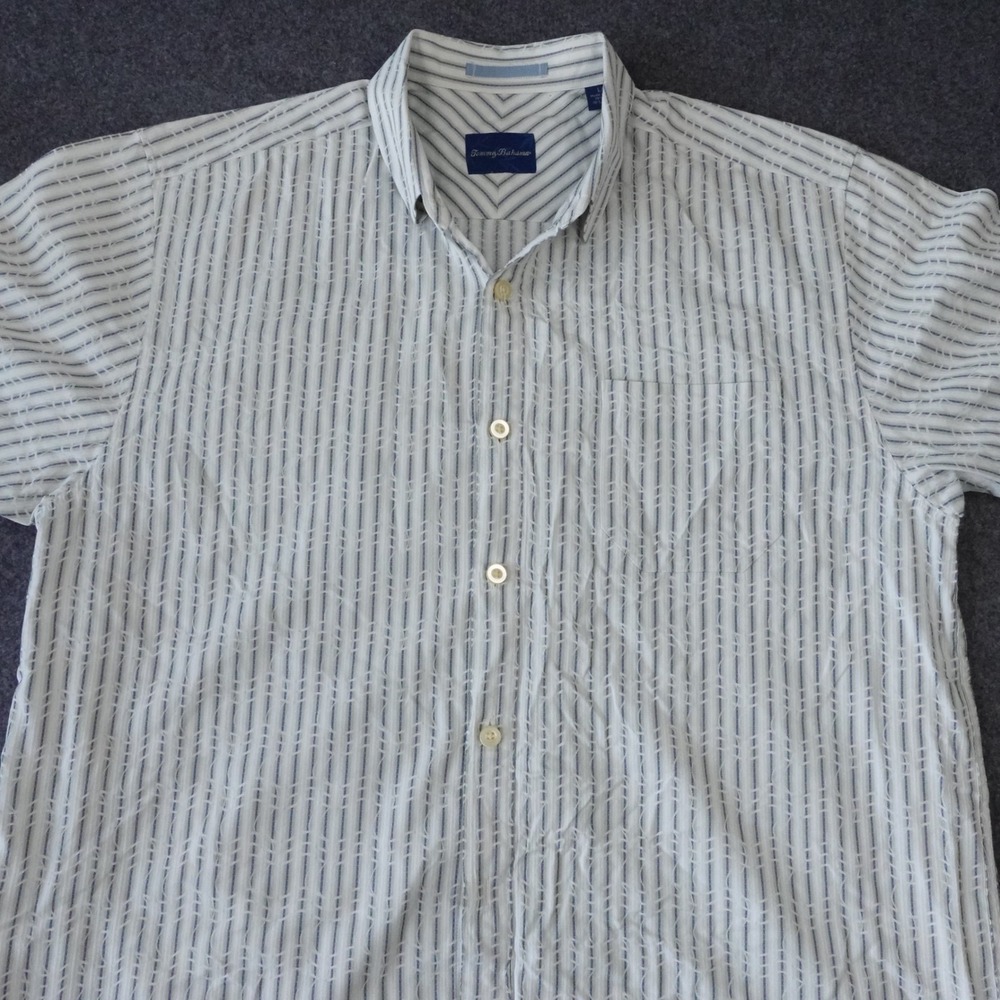 Tommy Bahama Mens Large Silk Cotton Striped Short Sleeve Button Down Shirt White